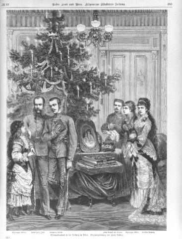 6 Personen aus dem Kaiserhaus im Appartement in der Wiener Hofburg, im Hintergrund ein  Weihnachtsbaum
